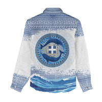 Greece Dolphin Women Casual Shirt with Greek Key Pattern and Ocean Wave Design