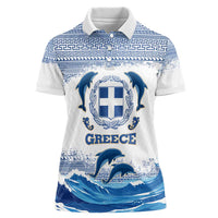 Greece Dolphin Women Polo Shirt with Greek Key Pattern and Ocean Wave Design