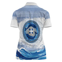 Greece Dolphin Women Polo Shirt with Greek Key Pattern and Ocean Wave Design