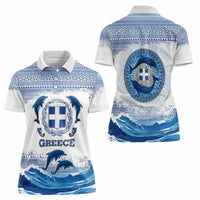 Greece Dolphin Women Polo Shirt with Greek Key Pattern and Ocean Wave Design