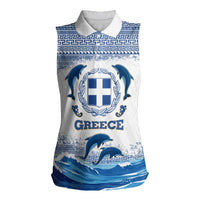 Greece Dolphin Women Sleeveless Polo Shirt with Greek Key Pattern and Ocean Wave Design
