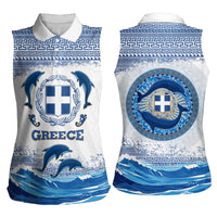 Greece Dolphin Women Sleeveless Polo Shirt with Greek Key Pattern and Ocean Wave Design