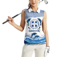 Greece Dolphin Women Sleeveless Polo Shirt with Greek Key Pattern and Ocean Wave Design