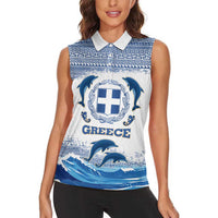 Greece Dolphin Women Sleeveless Polo Shirt with Greek Key Pattern and Ocean Wave Design