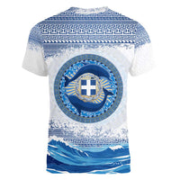 Greece Dolphin Women V-Neck T-Shirt with Greek Key Pattern and Ocean Wave Design