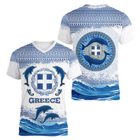 Greece Dolphin Women V-Neck T-Shirt with Greek Key Pattern and Ocean Wave Design