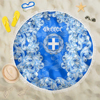 Greece Baroque Pattern Beach Blanket with Greek Flag Crest and Country Map