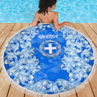 Greece Baroque Pattern Beach Blanket with Greek Flag Crest and Country Map
