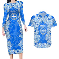 Greece Baroque Pattern Couples Matching Long Sleeve Bodycon Dress and Hawaiian Shirt with Greek Flag Crest and Country Map