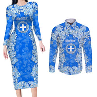 Greece Baroque Pattern Couples Matching Long Sleeve Bodycon Dress and Long Sleeve Button Shirt with Greek Flag Crest and Country Map