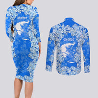 Greece Baroque Pattern Couples Matching Long Sleeve Bodycon Dress and Long Sleeve Button Shirt with Greek Flag Crest and Country Map