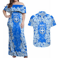 Greece Baroque Pattern Couples Matching Off Shoulder Maxi Dress and Hawaiian Shirt with Greek Flag Crest and Country Map
