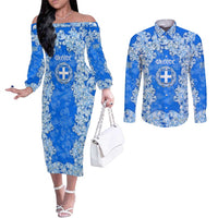 Greece Baroque Pattern Couples Matching Off The Shoulder Long Sleeve Dress and Long Sleeve Button Shirt with Greek Flag Crest and Country Map