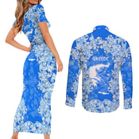Greece Baroque Pattern Couples Matching Short Sleeve Bodycon Dress and Long Sleeve Button Shirt with Greek Flag Crest and Country Map