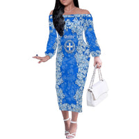 Greece Baroque Pattern Family Matching Off The Shoulder Long Sleeve Dress and Hawaiian Shirt with Greek Flag Crest and Country Map
