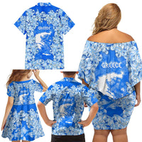 Greece Baroque Pattern Family Matching Off Shoulder Short Dress and Hawaiian Shirt with Greek Flag Crest and Country Map