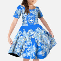 Greece Baroque Pattern Kid Short Sleeve Dress with Greek Flag Crest and Country Map