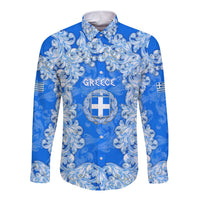 Greece Baroque Pattern Long Sleeve Button Shirt with Greek Flag Crest and Country Map