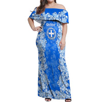 Greece Baroque Pattern Off Shoulder Maxi Dress with Greek Flag Crest and Country Map