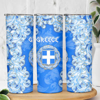 Greece Baroque Pattern Skinny Tumbler with Greek Flag Crest and Country Map