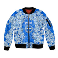 Greece Baroque Pattern Sleeve Zip Bomber Jacket with Greek Flag Crest and Country Map