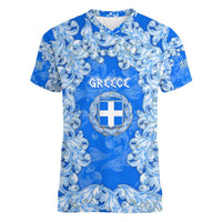 Greece Baroque Pattern Women V-Neck T-Shirt with Greek Flag Crest and Country Map