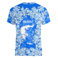 Greece Baroque Pattern Women V-Neck T-Shirt with Greek Flag Crest and Country Map