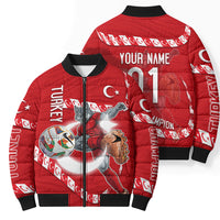 Personalized Turkey Football Bozkurt Mascot Bomber Puffer Jacket Turkish Flag Crescent Moon Red And White Comic Art