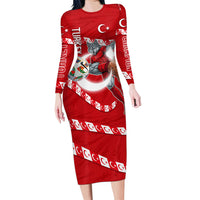 Personalized Turkey Football Bozkurt Mascot Long Sleeve Bodycon Dress Turkish Flag Crescent Moon Red And White Comic Art