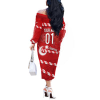 Personalized Turkey Football Bozkurt Mascot Off The Shoulder Long Sleeve Dress Turkish Flag Crescent Moon Red And White Comic Art