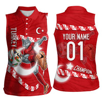 Personalized Turkey Football Bozkurt Mascot Women Sleeveless Polo Shirt Turkish Flag Crescent Moon Red And White Comic Art