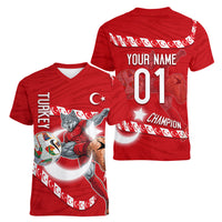 Personalized Turkey Football Bozkurt Mascot Women V-Neck T-Shirt Turkish Flag Crescent Moon Red And White Comic Art