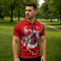 Personalized Turkey Football Bozkurt Mascot Zipper Polo Shirt Turkish Flag Crescent Moon Red And White Comic Art