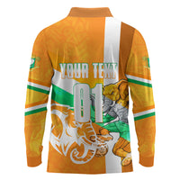 Personalized Ivory Coast Football Long Sleeve Polo Shirt Elephant Mascot Flag - Comic Style Graphic