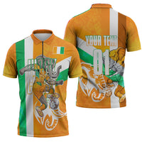 Personalized Ivory Coast Football Zipper Polo Shirt Elephant Mascot Flag - Comic Style Graphic