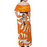 Personalized Netherlands Football Lion Mascot Off Shoulder Maxi Dress Dutch Orange Flag Windmill Symbol Comic