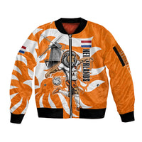 Personalized Netherlands Football Lion Mascot Sleeve Zip Bomber Jacket Dutch Orange Flag Windmill Symbol Comic