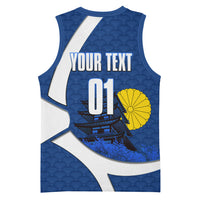 Personalized Japan Football Kitsune Mascot Basketball Jersey Japanese Pagoda Kitsune Mask Blue Samurai Style