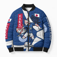 Personalized Japan Football Kitsune Mascot Bomber Puffer Jacket Japanese Pagoda Kitsune Mask Blue Samurai Style