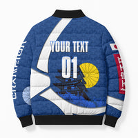 Personalized Japan Football Kitsune Mascot Bomber Puffer Jacket Japanese Pagoda Kitsune Mask Blue Samurai Style