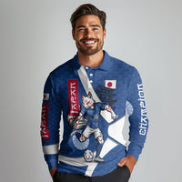 Personalized Japan Football Kitsune Mascot Long Sleeve Polo Shirt Japanese Pagoda Kitsune Mask Blue Samurai Style