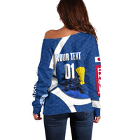 Personalized Japan Football Kitsune Mascot Off Shoulder Sweater Japanese Pagoda Kitsune Mask Blue Samurai Style