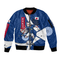 Personalized Japan Football Kitsune Mascot Sleeve Zip Bomber Jacket Japanese Pagoda Kitsune Mask Blue Samurai Style