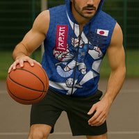 Personalized Japan Football Kitsune Mascot Sleeveless Zip Hoodie Japanese Pagoda Kitsune Mask Blue Samurai Style