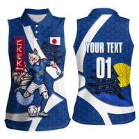 Personalized Japan Football Kitsune Mascot Women Sleeveless Polo Shirt Japanese Pagoda Kitsune Mask Blue Samurai Style