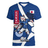 Personalized Japan Football Kitsune Mascot Women V-Neck T-Shirt Japanese Pagoda Kitsune Mask Blue Samurai Style
