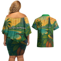 Sao Tome and Principe Tropical Island Couples Matching Off Shoulder Short Dress and Hawaiian Shirt with Bird and Cocoa Forest Print