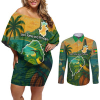 Sao Tome and Principe Tropical Island Couples Matching Off Shoulder Short Dress and Long Sleeve Button Shirt with Bird and Cocoa Forest Print