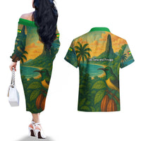 Sao Tome and Principe Tropical Island Couples Matching Off The Shoulder Long Sleeve Dress and Hawaiian Shirt with Bird and Cocoa Forest Print