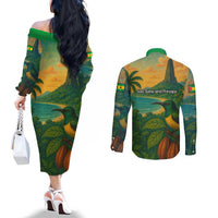Sao Tome and Principe Tropical Island Couples Matching Off The Shoulder Long Sleeve Dress and Long Sleeve Button Shirt with Bird and Cocoa Forest Print